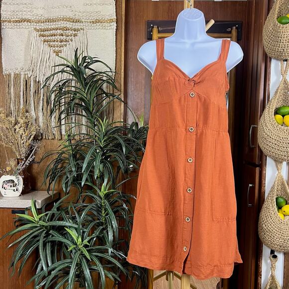 Anthropologie Maeve Twist Front Linen Mini Dress L | Terracotta Button Sundress - Picture 1 of 16